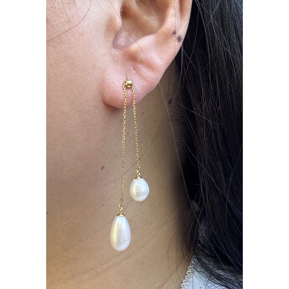 925 Sterling Silver Gold Plated Freshwater Pearl Adjustable Threader Earrings